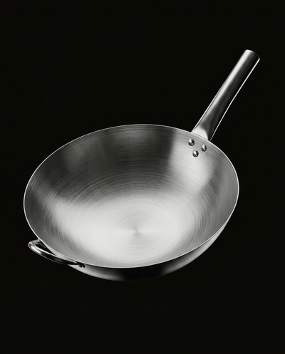 KOVA Long-Handle Stainless Wok — 3/4 Angle