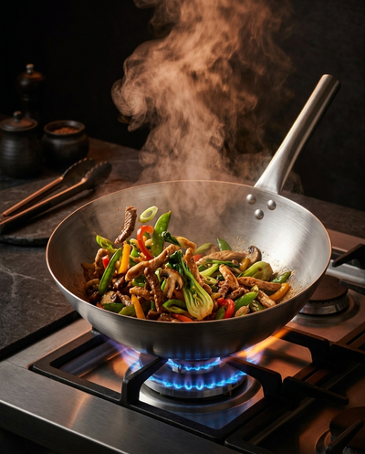 KOVA Long-Handle Stainless Wok — High Flame Stir-Fry